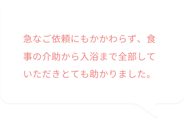 急なご依頼にもかかわらず、食事の介助から入浴まで全部していただきとても助かりました。